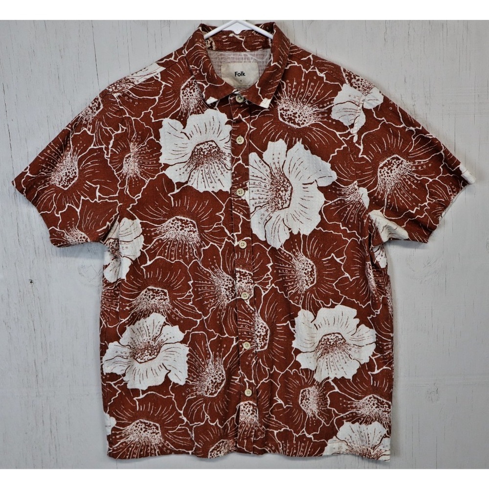 Mens FOLK Hawaiian Shirt Button Front Orange White Size S Floral Cotton Linen